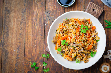 Wild Rice with Mushrooms, Asian Style Vegetarian Meal