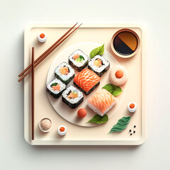 Set of sushi and rolls, generative AI.