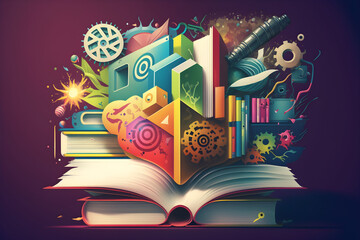 A Creative and Curious Mind: A Colorful Collage of Books, Brain, and Cogs