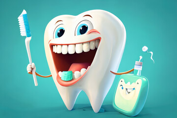A cartoon character of a happy tooth, with a toothbrush and toothpaste. ai generative illustration
