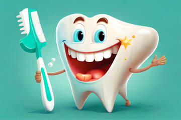 A cartoon character of a happy tooth, with a toothbrush and toothpaste. ai generative illustration