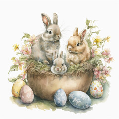 Easter bunnies and easter eggs, AI generated illustration art