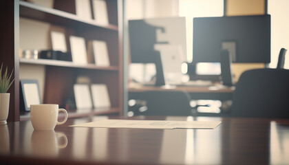 Abstract modern office interior with pc workplace. Business indoor background. AI generative image.