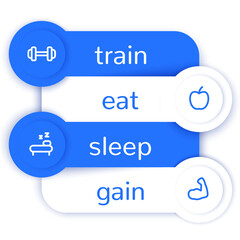 Train, eat, sleep, gain steps with fitness line icons, training principles