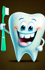 A cartoon character of a happy tooth, with a toothbrush and toothpaste. ai generative illustration