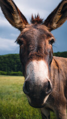 Un &acirc;ne fixant l'appareil photo dans une prairie sous un ciel orageaux
