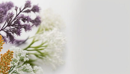 Beautiful abstract floral horizontal banner with copy space. Close up fresh flowers on blurred backdrop. Greeting card template. AI generative image.