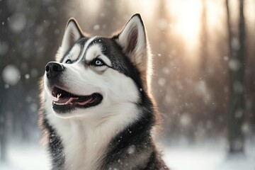 Naklejka premium Photograph shows a happy Siberian husky in winter, taken against the backdrop of a bright, snowy woodland. Close up. Generative AI