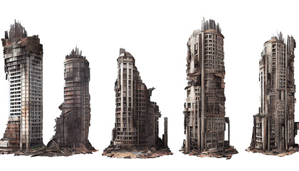 Ruined skyscrapers on isolated transparent background 