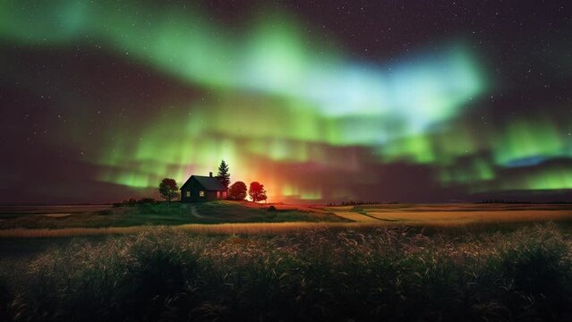 a stunning view of a landscape during summer, with rolling hills, lush greenery, and a cozy house nestled among the trees. aurora borealis in the sky