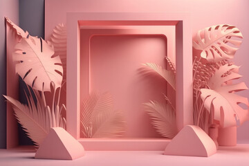 3d pink Palm Leaf with podium and minimal pink wall background