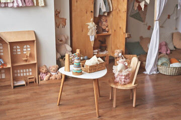 Nursery interior. Wooden toys in children's room.