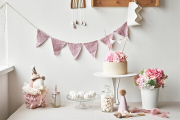 One year party decor. Happy birthday background. Cake smash