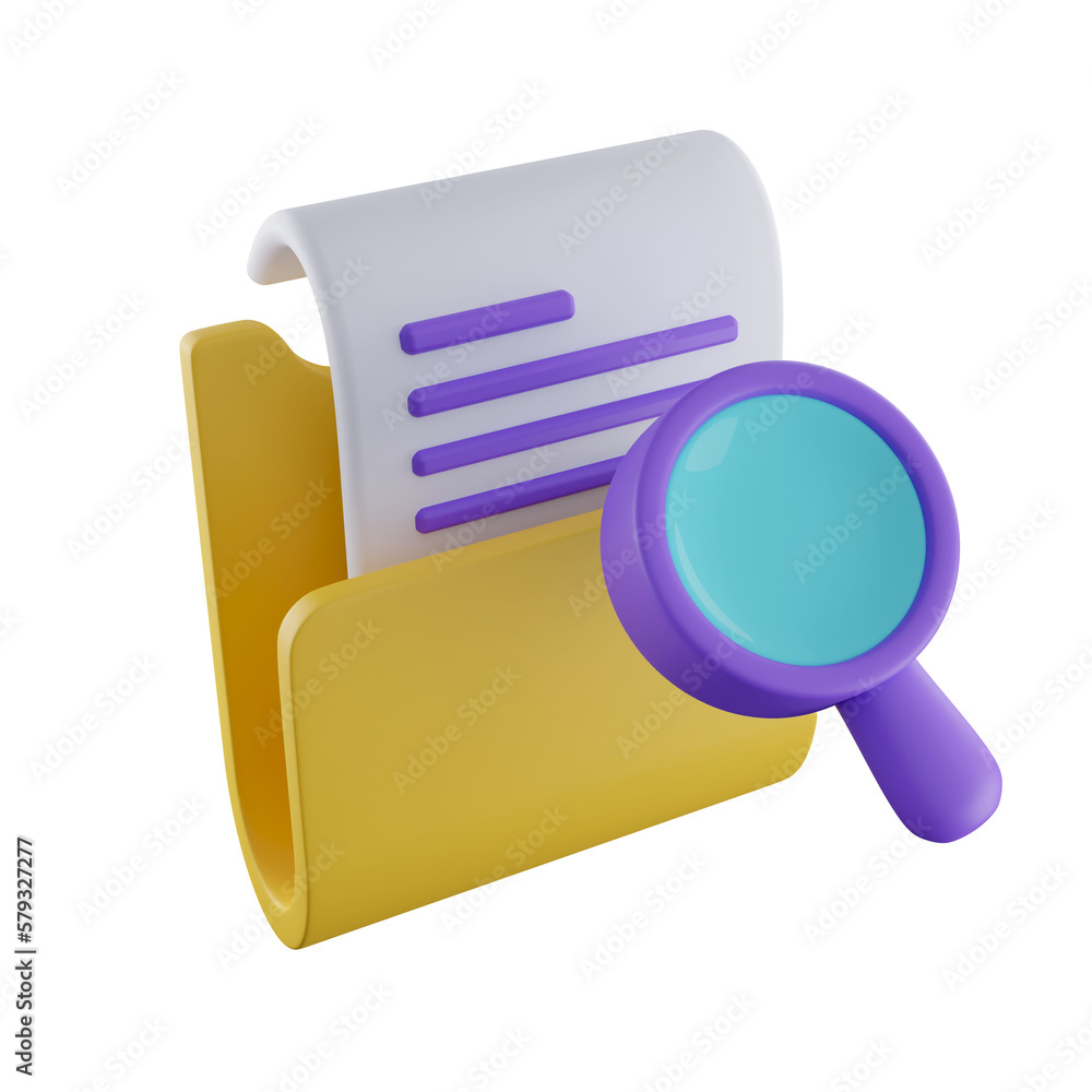 Poster 3d magnifying glass and yellow folder with files. concept of document search. search file storage da