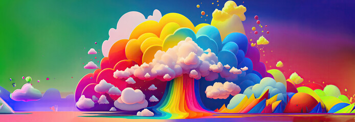 Fantasy toon land. Land of rainbows fluffy clouds and happy colors and shapes. generative AI. - obrazy, fototapety, plakaty