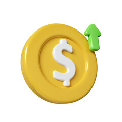 3d Dollar coin and arrow up. Currency exchange rate growth. money value up. icon isolated on white background. 3d rendering illustration. Clipping path.