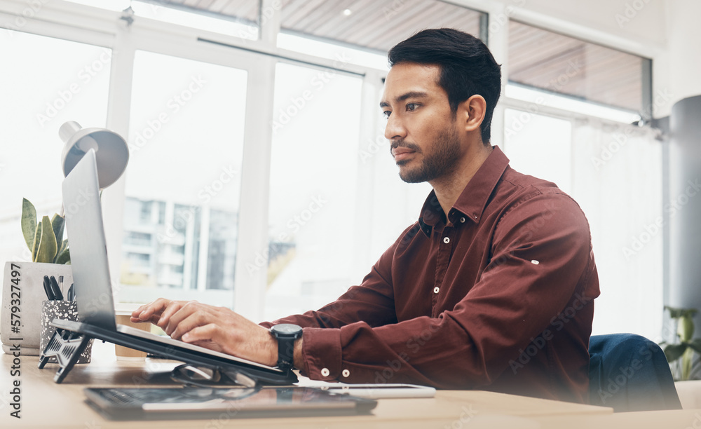 Wall mural Business man, laptop and information technology, tech support and serious while working in office. Typing, glitch or 404 with software update, corporate male at desk with digital problem solving