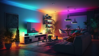 Smart Home, Spectrum of Relaxation: A modern living room awash in the vibrant glow of smart RGB lighting, setting a relaxing and futuristic ambiance. 