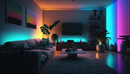 Neon Living Room: Immerse yourself in the vibrant ambiance of a modern living room bathed in the glow of neon lights. The space exudes a cool and inviting atmosphere, showcasing the latest interior de