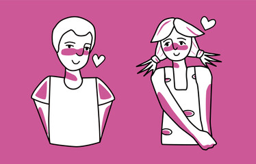 Shy boy and girl with emotion of love, pink and white. Beloved teenagers half body drawing, sweetheart tender mood of adolescents, amour affection flirting.