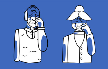 Sad elderly man and woman, blue and white, pensioners in sorrow with tears. Melancholy of grandfather and grandmother. Line art, half body hand drawn.