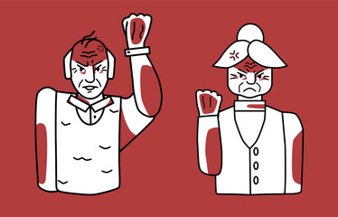 Angry old man and woman, red and white, grandfather and grandmother with emotion of anger. Threaten with fist. Half body sketch style.
