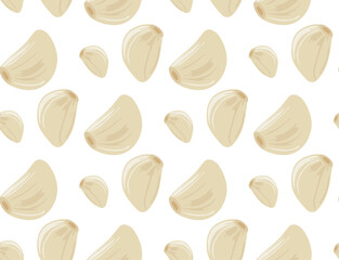 Peeled garlic cloves of various shapes. Seamless pattern in vector. Spicy food. Isolated objects.