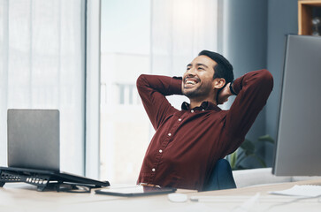 Smile, relax and business man in office after completing project or task in workplace. Laughing,...