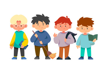 school student character, Back to school boys cartoon collection in college, university and graduate boy student student's education life vector 