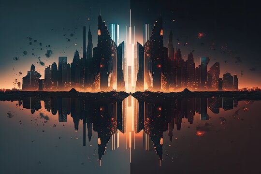 In this case, we use a double exposure effect to blend an image of a modern city skyline with an image of a futuristic cityscape. Set in the dark. Generative AI