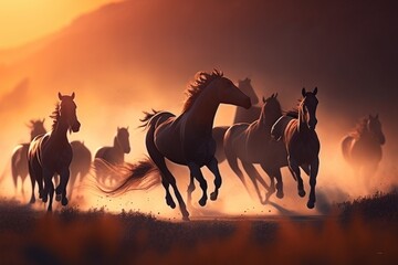 Horses sunset in the desert