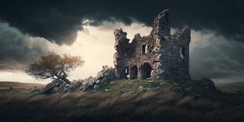 Fototapeta premium Photorealistic ruined tower in grass of field , generative AI 