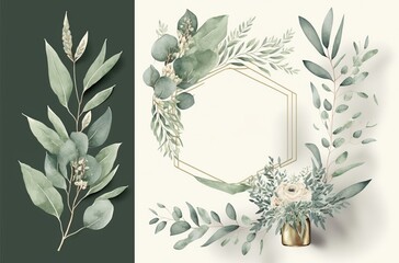 Watercolor floral illustration set - bouquet frame border made with Generative AI