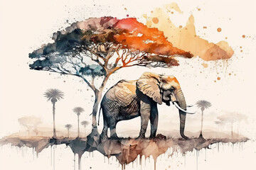 Africa watercolor. African elephant and tree, abstract illustration of nature and animal life, Generative ai