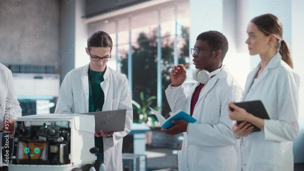 Poster Diverse Team of Industrial Robotics Specialists Gathered Around a Table With a Mobile Robot. Engineers In Lab Coats Discussing an Automated AI Robotic Delivery Assistant, Using Laptop and Tablet