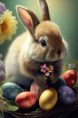 Pretty brown Easter Bunny with colorful Easter eggs and flowers, green background, vertical, Generative AI