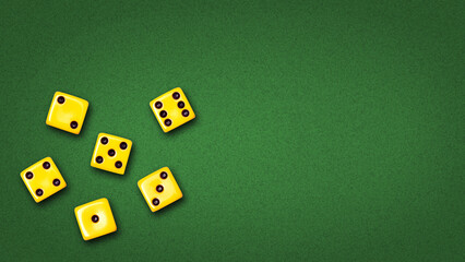 Yellow playing dice, with random numbers, on a green poker table. Copy space. Gambling, poker,...