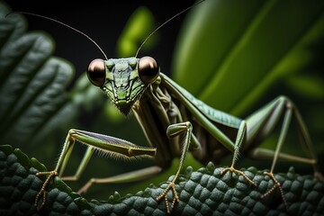 Macro shot of a Praying Mantis perched on a lush green Plant, Ai Generated