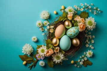Fototapeta na wymiar Easter floral composition with delicate pastel eggs and flower made with Generative AI