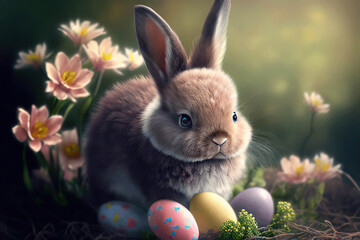 Cute Easter Bunny with Easter eggs and pink flowers on a green background, Easter, Generative AI
