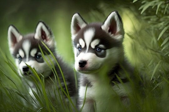 In the grass, adorable husky puppies are romping and romping. There are several really playful puppies outside. Generative AI