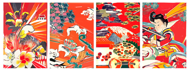 Obraz na płótnie Canvas Traditional Japanese background in Red. Beautiful Sakura flowers spring nature art temple pagoda illustration.