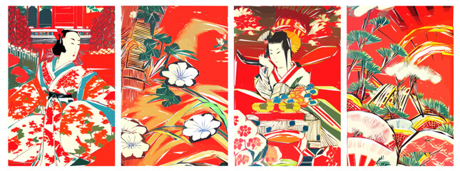 Fototapeta na wymiar Traditional Japanese background in Red. Beautiful Sakura flowers spring nature art temple pagoda illustration.