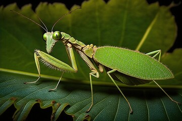 Stick Insect Perched on a Lush Green Plant - Macro Close-Up, Ai Generated