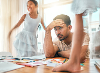 Headache, kids and father with stress, motion blur and children with adhd, noise or energy. Dad, male or young people with blur, male with migraine or burnout in living room, anxiety and hyper active