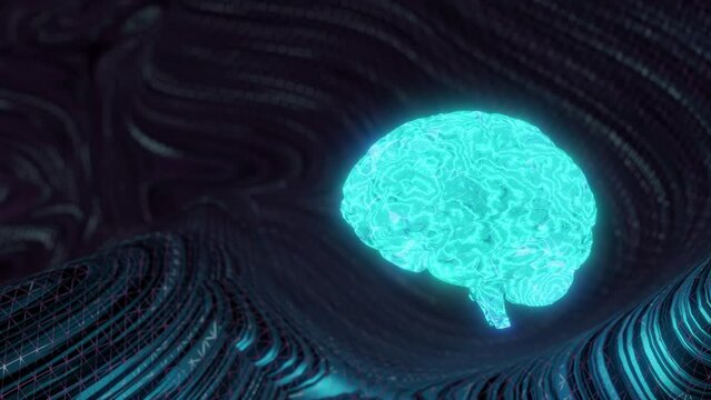 Motion graphics of blue human brain spinning with wavy dark background