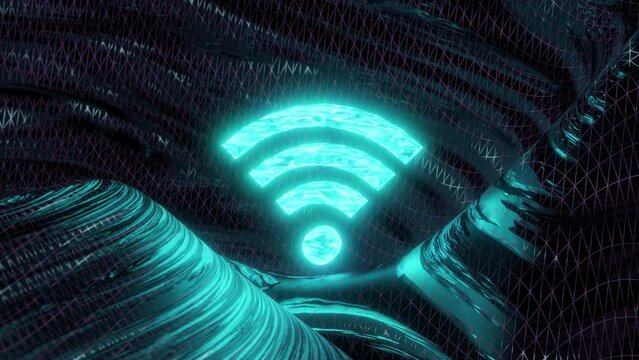 Glowing blue wifi symbol with dark wavy background, motion graphics