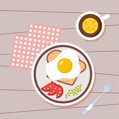 Breakfast on a plate, toast with scrambled eggs, tomatoes and peas