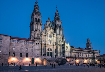 Santiago de Compostela Cathedral view from Obradoiro square at sunset. Cathedral of Saint James. Galicia, Spain