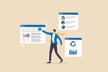 Self service, software or application to help user get result themself, online help or assistance, resource management or electronic automated report concept, businessman using self service software.